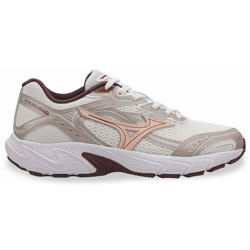 Tênis feminino Mizuno CSD Sport branco com detalhes em rosa e marrom, mostrando design moderno e solado com ondas